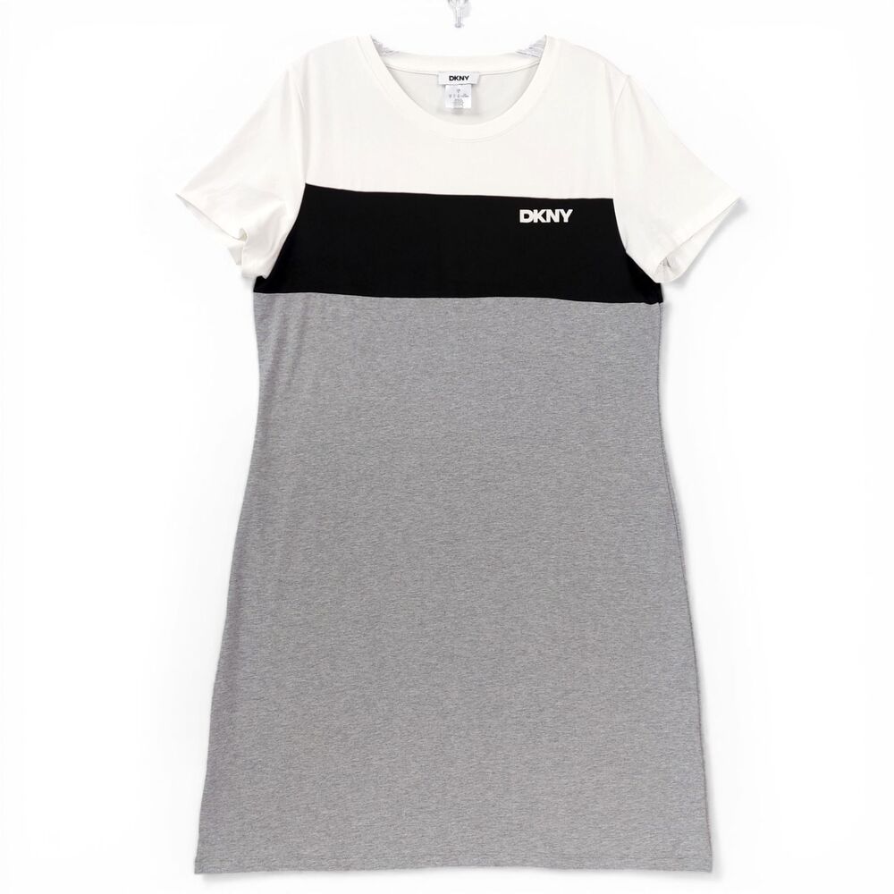 DKNY Colorblock T Shirt Dress Sz L Stretch Casual Athleisure Minimalist Chic